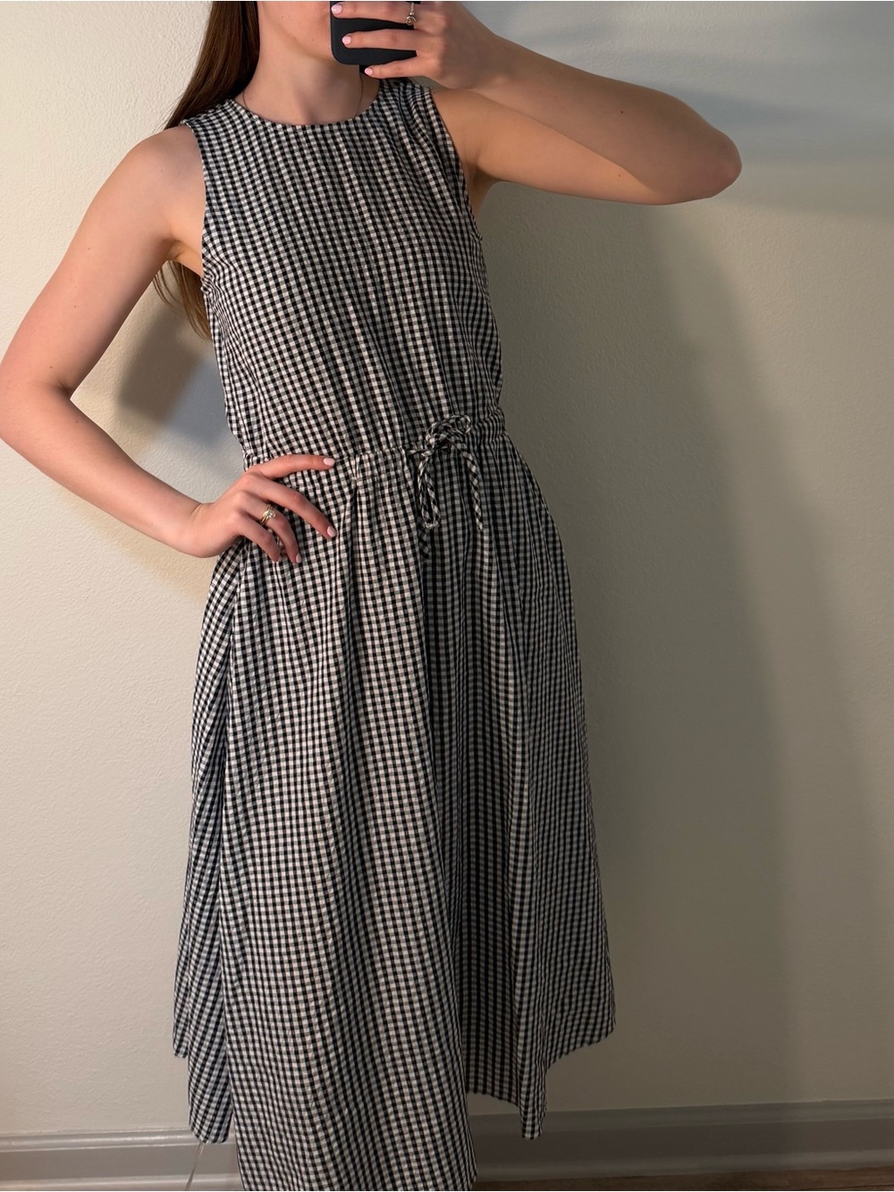 Sleeveless Black and White Ginghami Midi Dress